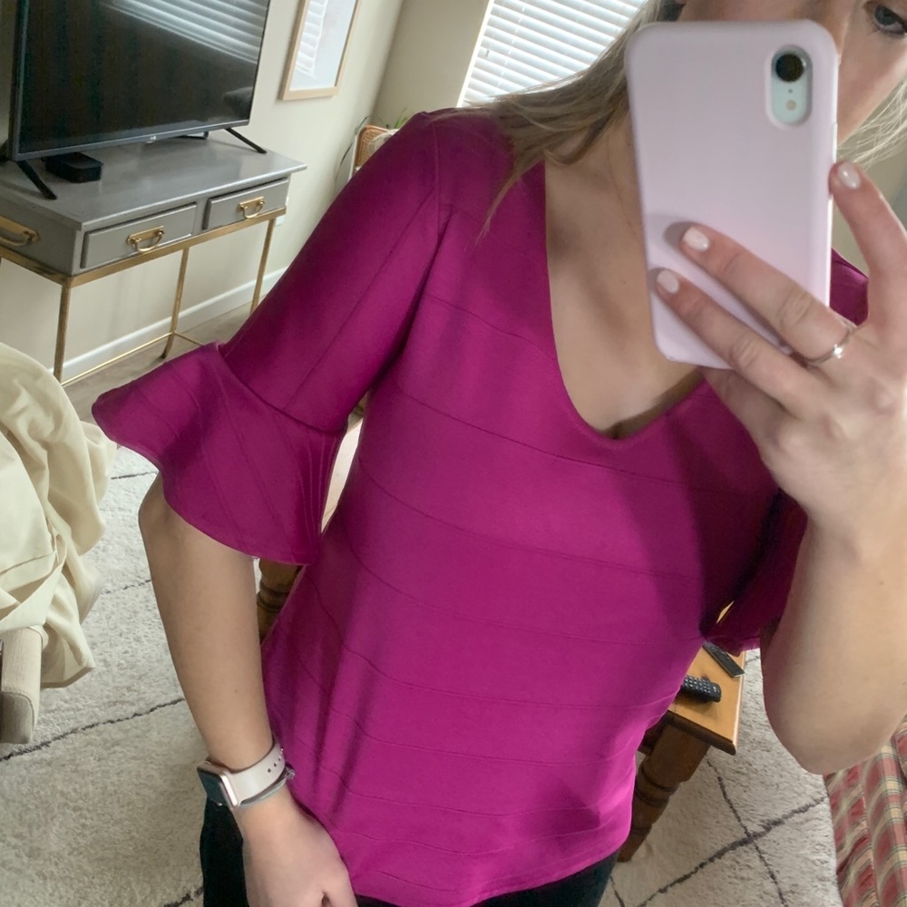 Jewel tone flounce sleeve blouse